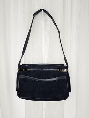 Vintage Neiman Marcus Navy Suede Shoulder Bag Gold Hardware